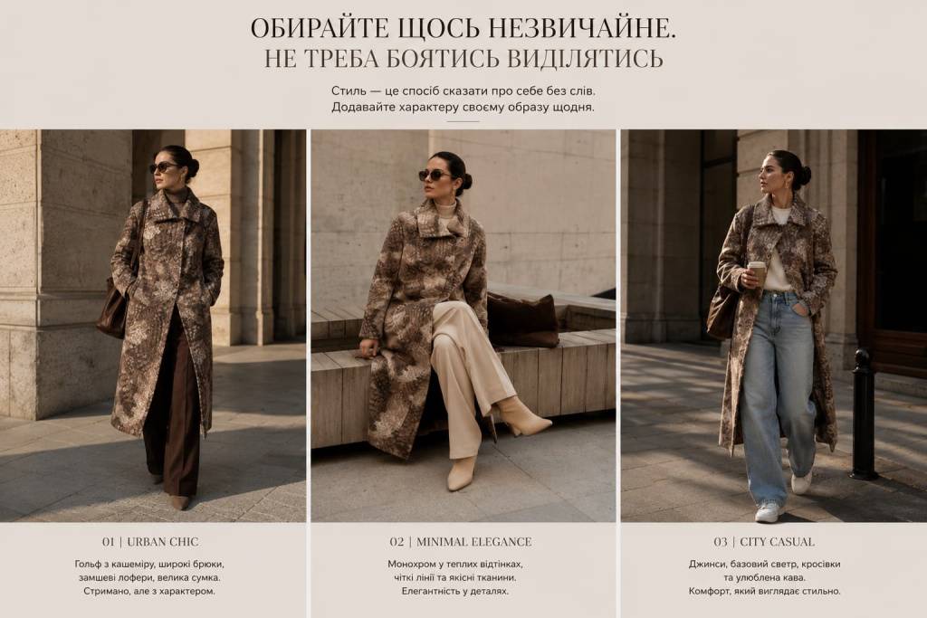 Три сучасні образи з жіночим пальтом із незвичайним коричнево-бежевим принтом